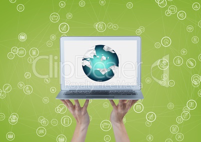 Business woman holding a computer with a globe with connectors