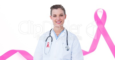 Doctor woman with breast cancer awareness ribbon