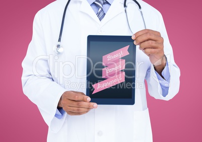 Doctor holding a tablet with a breast cancer awareness text on screen