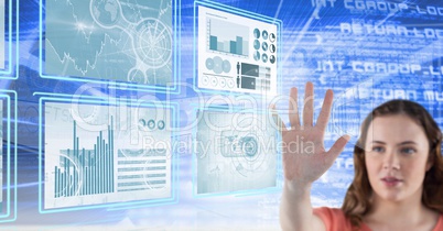 woman touching and interacting with technology interface panels