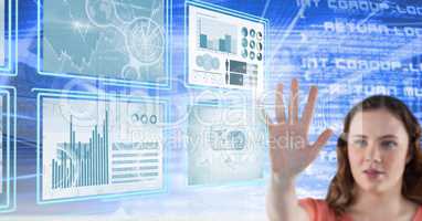 woman touching and interacting with technology interface panels