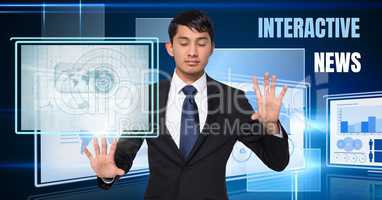 Interactive News text and Businessman touching and interacting with technology interface panels