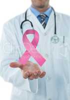 Doctor man with breast cancer awareness ribbon