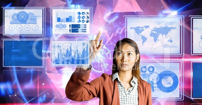 Businesswoman touching and interacting with technology interface panels