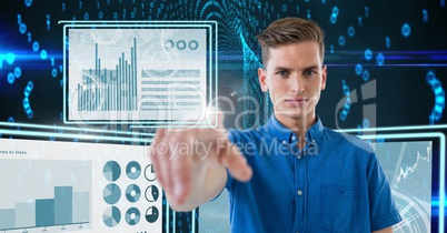 man touching and interacting with technology interface panels