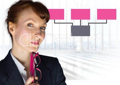 Businesswoman and Colorful mind map over bright background