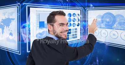 Businessman touching and interacting with technology interface panels