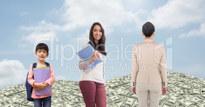 Women of age generations growing up with money and sky