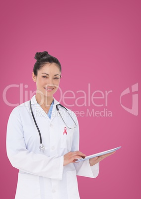 Doctor woman with breast cancer awareness ribbon