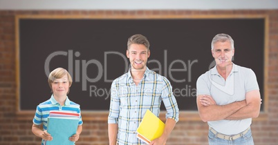 Educated men of age generations growing up with blackboard