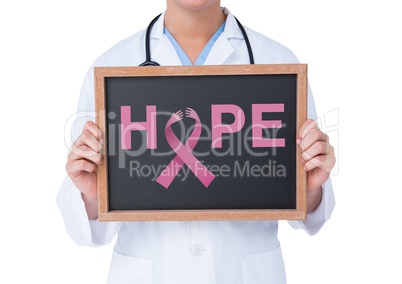 Doctor holding a blackboard with a breast cancer awareness ribbon