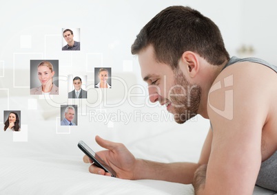 Man holding phone with Profile portraits of people contacts