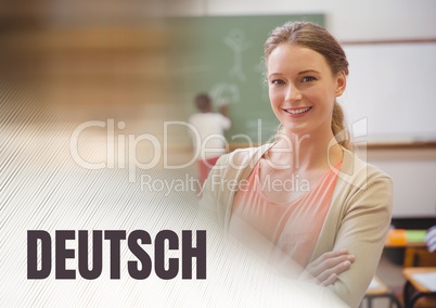 Deutsch text and School teacher with class
