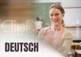 Deutsch text and School teacher with class