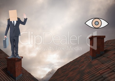 Eye icon and Businessman standing on Roofs with chimney and cardboard box on his head and dramatic l