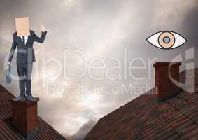Eye icon and Businessman standing on Roofs with chimney and cardboard box on his head and dramatic l