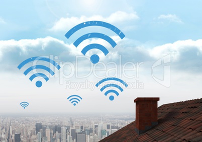 Wi-fi icons over roof and city