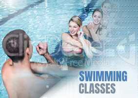 Swimming classes text and Swimming teacher with class