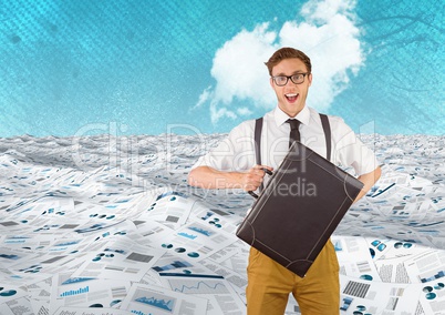 Businessman with briefcase in sea of documents with cloud