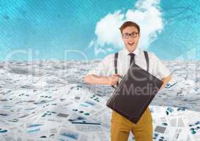 Businessman with briefcase in sea of documents with cloud