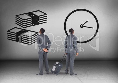 Money notes and clock time with Businessman looking in opposite directions