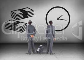 Money notes and clock time with Businessman looking in opposite directions