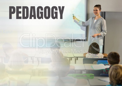 Pedagogy text and School teacher with class