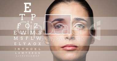 Woman with eye focus box detail and lines and Eye test interface