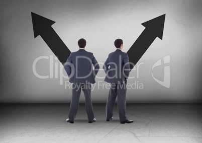Left or right diagonal arrows with Businessman looking in opposite directions