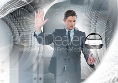 Man touching and interacting with virtual reality headset with transition effect