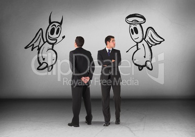 Good and evil graphics with Businessman looking in opposite directions