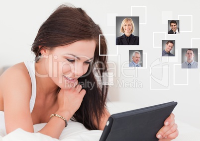 Woman holding tablet with Profile portraits of people contacts