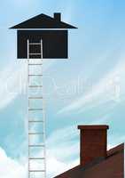 Property ladder leaning on house icon with roof and chimney