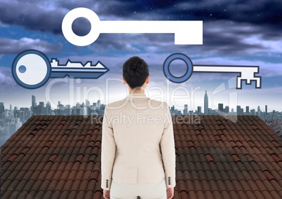 Key icons and Businesswoman standing on Roof with city sky