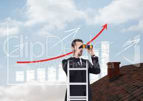 Man on ladder with binoculars over roof with incremented  bar chart