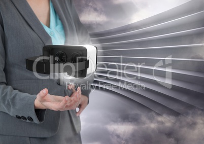 Man touching and interacting with virtual reality headset with transition effect