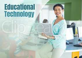 Educational technology text and Teacher with class in computer room
