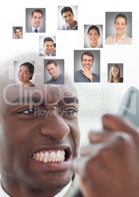 Angry frustrated Man holding phone with Profile portraits of people contacts