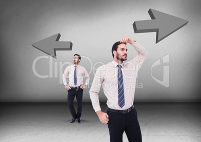 Left or right arrows with Businessman looking in opposite directions