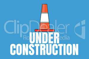 Under construction text with a traffic cone against blue background