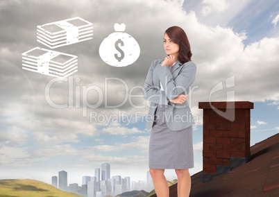 Money icons and Businesswoman standing on Roof with chimney in country with city in distance