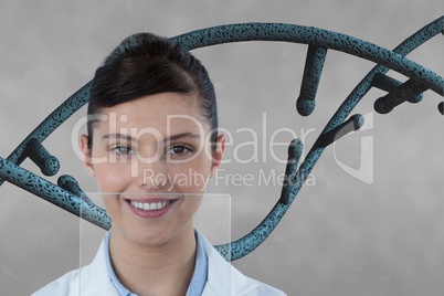 Doctor woman with 3D DNA strand against grey background