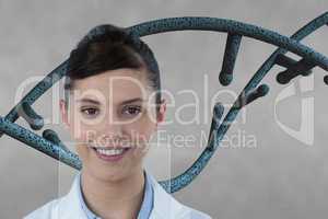 Doctor woman with 3D DNA strand against grey background