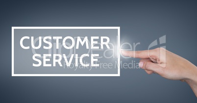 Hand interacting with customer service business text against blue background