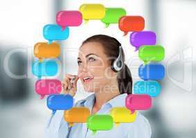 Customer service Woman on headset with shiny chat bubbles