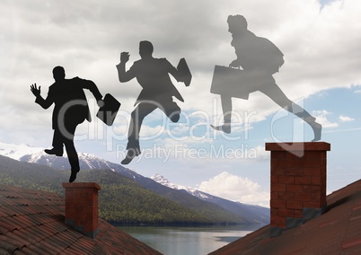 Businessman silhouettes with briefcase jumping on Roofs with chimney and mountain lake landscape