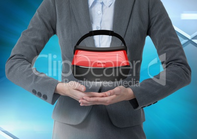 Woman touching and interacting with virtual reality headset with transition effect