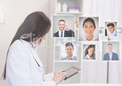 Woman holding laptop with Profile portraits of people contacts