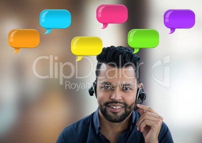 Customer service man on headset with shiny chat bubbles