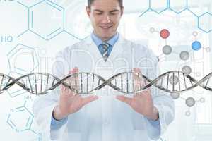 Happy doctor man interacting with 3D DNA strand